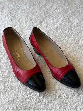 Vintage CHANEL Red Leather Pumps with Black Patent Cap-Toe